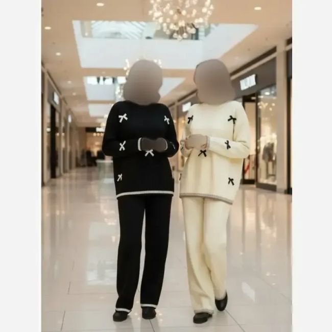 ست لباس بافت زنانه طرح پاپیون مدل پینترستی جنس بافت نخ ترک درجه یک فری سایز