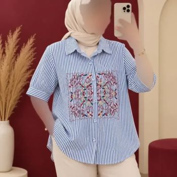 شومیز زنانه راه راه گلدوزی شده وارداتی دکمه دار فری سایز نخ وارداتی