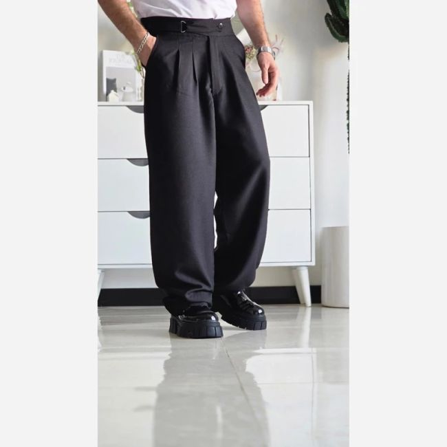 شلوار بگ پارچه ای کجراه مشکی کمر ایتالیایی پیله دار زنانه سایز L تا 3XL