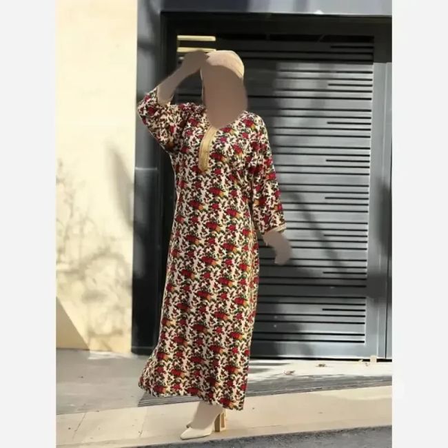 پیراهن ساحلی نخی یقه طلا کوب زنانه و دخترانه فری سایز