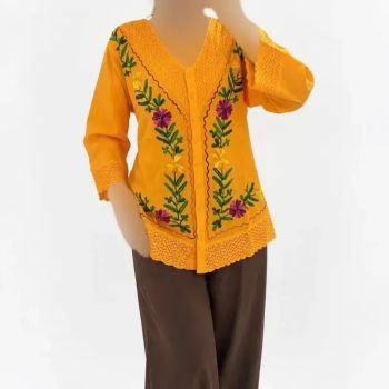بلوز گلدوزی زنانه یقه هفت آستین سه ربع جنس نخ وارداتی سایز 38 تا 54