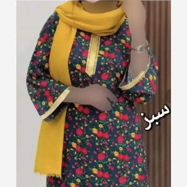 پیراهن ساحلی نخی یقه طلا کوب زنانه و دخترانه فری سایز