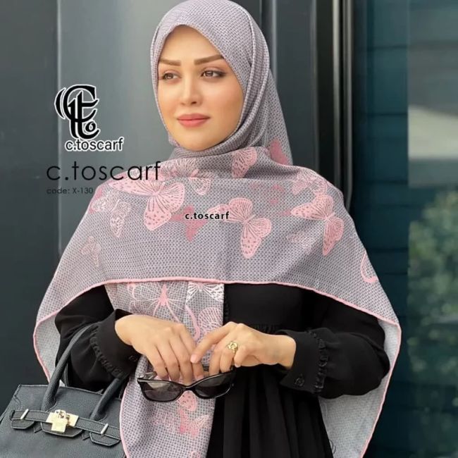 روسری نخ کاستوم طرح پروانه خال خالی طوسی صورتی قواره بزرگ 140 سانتیمتر
