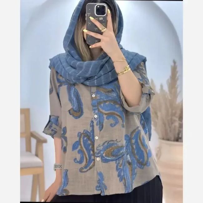 شومیز مانتویی ایتالیایی جنس کراس حصیری اعلا فری سایز آبی قهوه ای