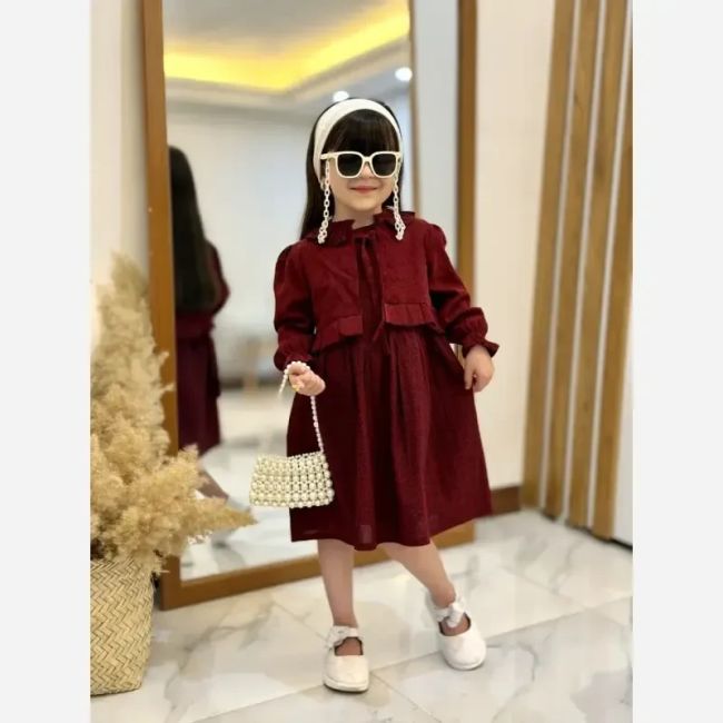 کت و سارافون دخترانه مخمل کبریتی و کتان تافته رنگ زرشکی مناسب 2 تا 9 سال