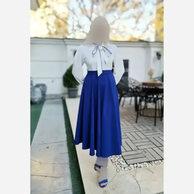 پیراهن زنانه مدل بهاره بالاتنه ابروبادی و دامن سوپر مازراتی با کمربند