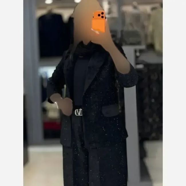 کت شلوار مخمل زنانه یقه انگلیسی نگین دار شلوار فول بگ