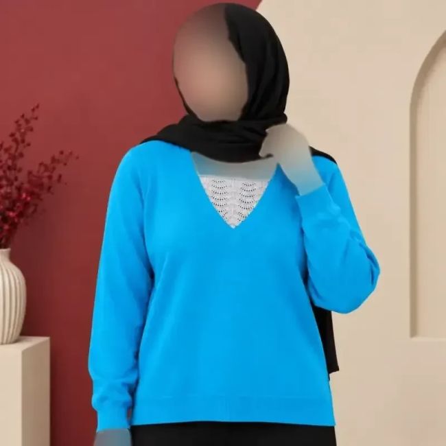 بلوز زنانه بافت وارداتی یقه هفت گیپور دار فری سایز