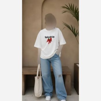 تیشرت باکسی نخ پنبه طرح سامر سفید فری سایز