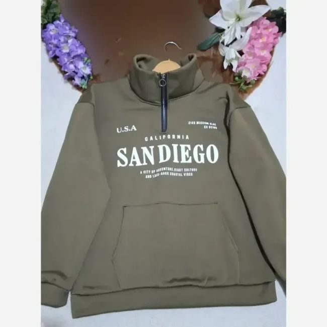 دورس نیم زیپ اسپرت زنانه پسرانه SANDIEGO جنس دورس سه نخ گرم بالا درجه یک رنگ مشکی سبز زیتونی فری سایز