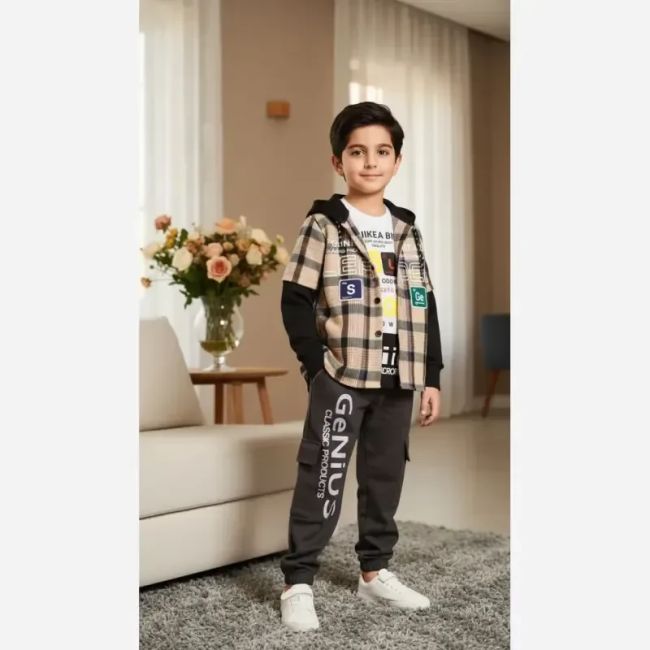 ست سه تیکه بچگانه کشمیر چهارخونه مدل دموند سایز 50