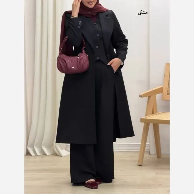 ست سه تکه مانتو شلوار و جلیقه زنانه جنس کرپ سوپر دبل باربی کجراه