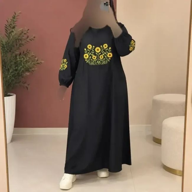 پیراهن ساحلی زنانه بلند لنین گلدوزی طرح آفتابگردان فری سایز