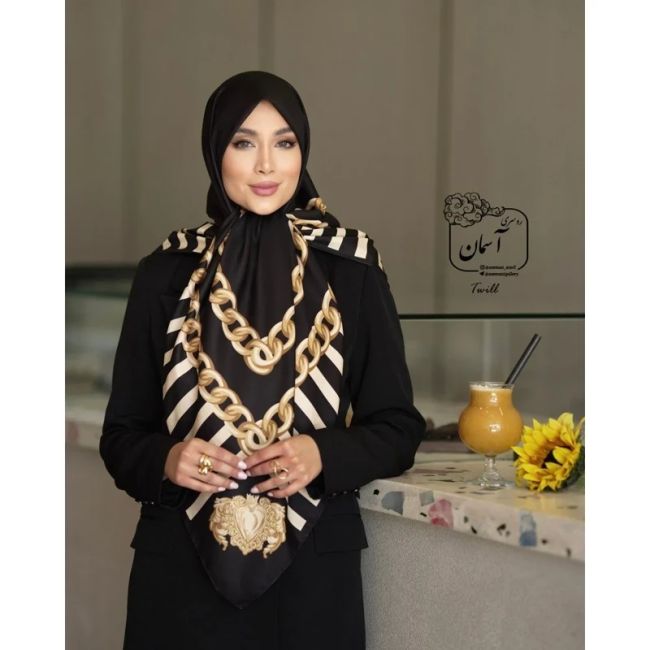 روسری مجلسی ساتن ابریشم طرح طلا قواره 140 توییل