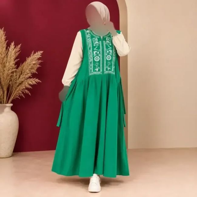 پیراهن ساحلی زنانه حلقهای لینن یقه چاپ الهه فری سایز کمربنددار