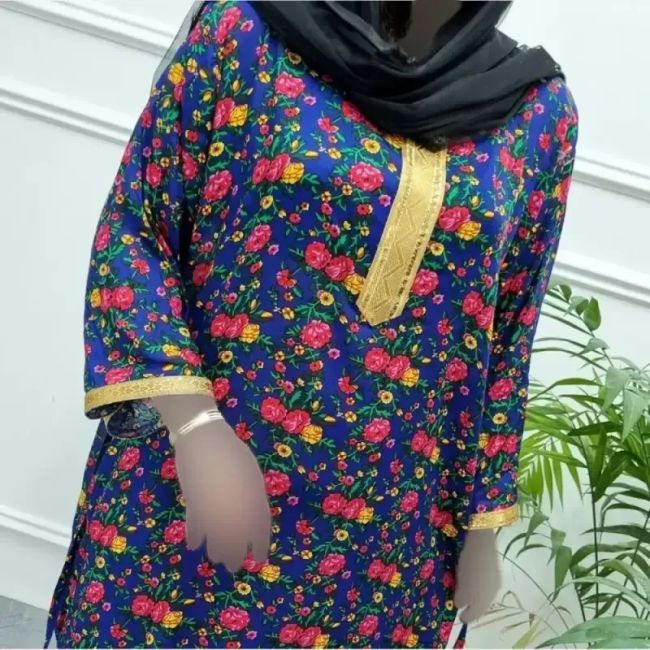 پیراهن ساحلی نخی یقه طلا کوب زنانه و دخترانه فری سایز