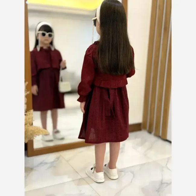 کت و سارافون دخترانه مخمل کبریتی و کتان تافته رنگ زرشکی مناسب 2 تا 9 سال