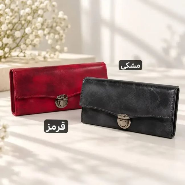 کیف پول چرم مصنوعی زنانه با قفل و جیب داخلی و بیرونی