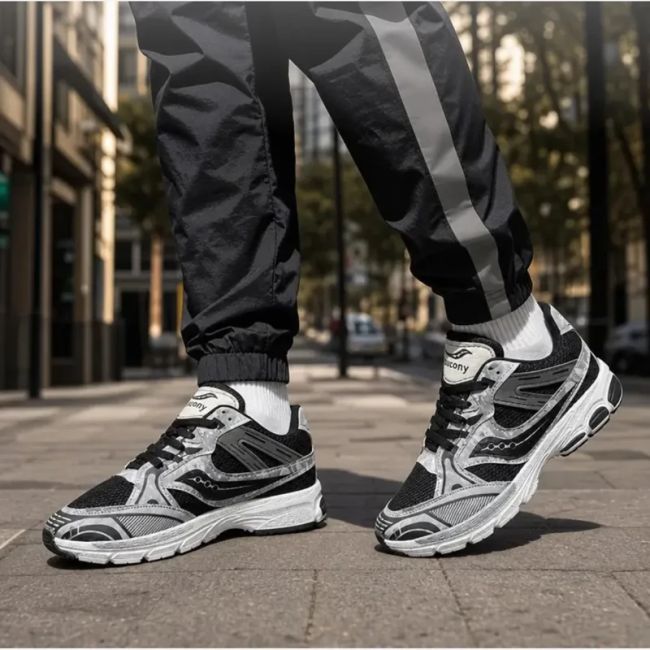 کتونی مردانه ساکونی مشکی طوسی رویه راشل و چرم مصنوعی زیره EVA