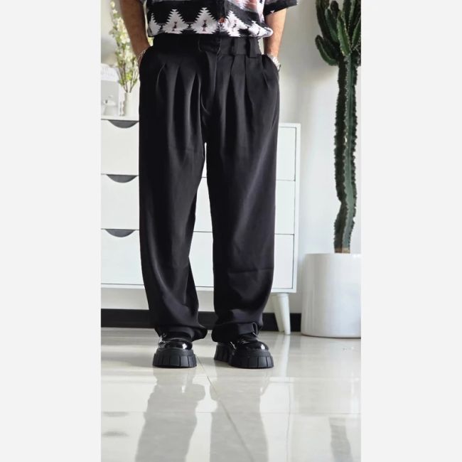 شلوار بگ پارچه ای زنانه مدل پیله دار جنس کاترین رنگ مشکی سایز L تا 3XL