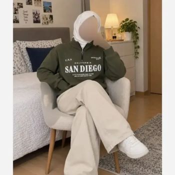دورس نیم زیپ اسپرت زنانه پسرانه SANDIEGO جنس دورس سه نخ گرم بالا درجه یک رنگ مشکی سبز زیتونی فری سایز