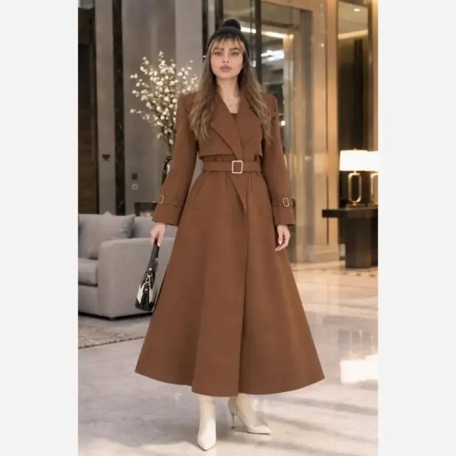 پالتو زنانه کتان کجراه گرم و ضخیم زمستانی با جیب فیلتابی