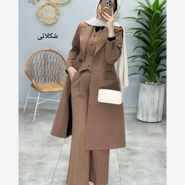 ست سه تکه مانتو شلوار و جلیقه زنانه جنس کرپ سوپر دبل باربی کجراه