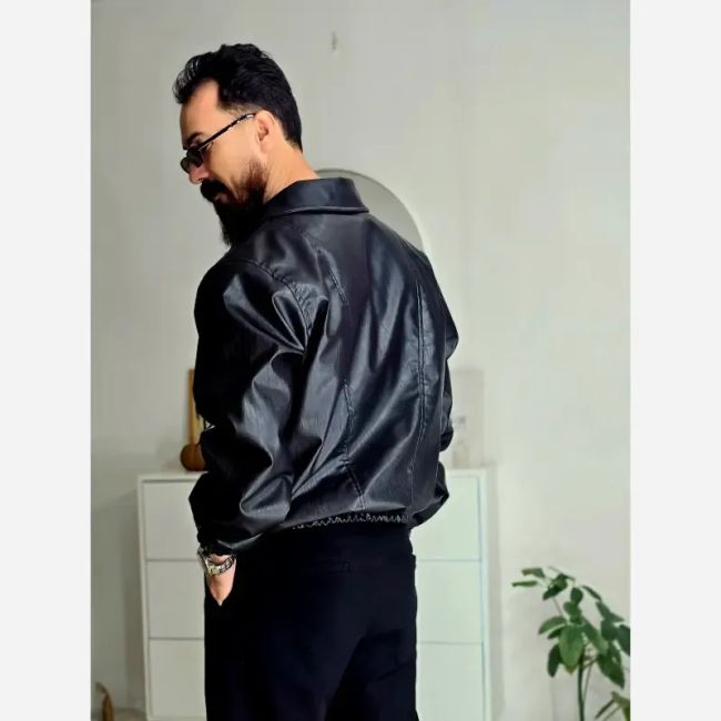 کاپشن چرم مصنوعی مردانه مشکی آستین کش سایز L تا 2XL