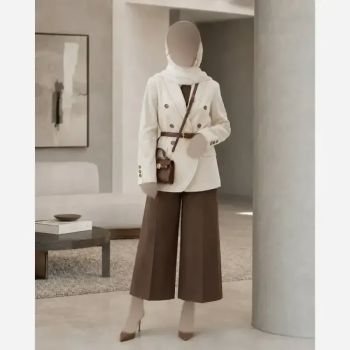 کت و شلوار زنانه کرپ مازراتی رنگ قهوه ای مدل مارال
