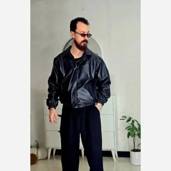 جکت چرم مردانه پایین کش وارداتی رنگ مشکی سایز L تا 2XL