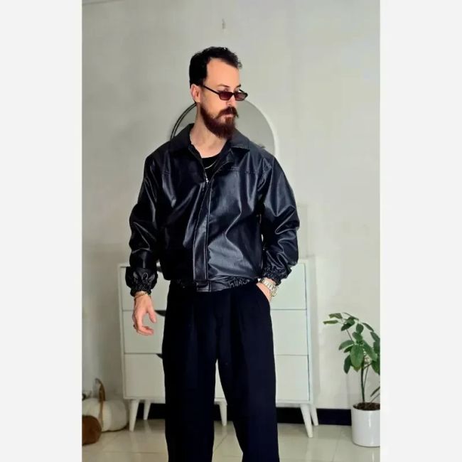 جکت چرم مردانه پایین کش وارداتی رنگ مشکی سایز L تا 2XL
