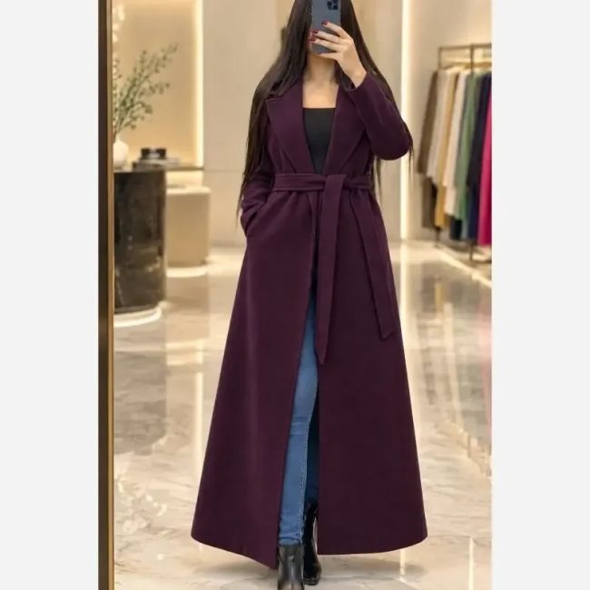پالتو زنانه فوتر کوبیده بلند مدل شانا با کمربند رنگبندی متنوع