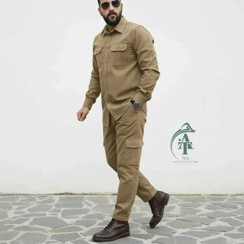 ست پیراهن و شلوار کتان مردانه مدل یاشیل رنگ خاکی