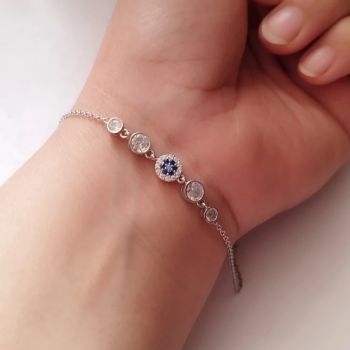 دستبند نقره زنانه عیار 925 طرح چشم نظر روکش طلا سفید سایز مدیوم نقرهای