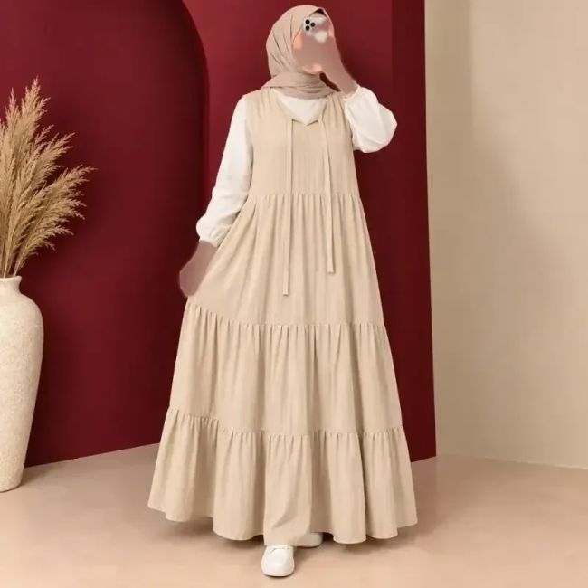 پیراهن ساحلی حلقه ای بلند زنانه نخ لینن چیندار دکمهدار