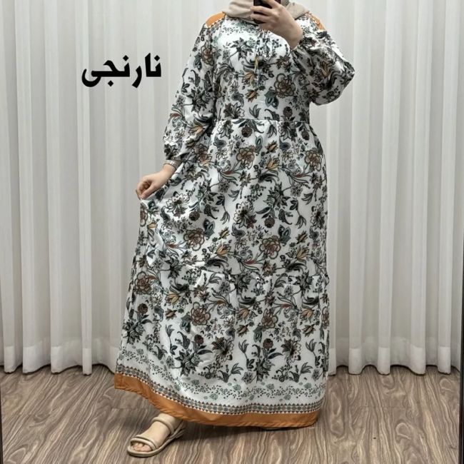 پیراهن فلور بوگاتی حاشیه دار نخی فری سایز تا 50 بنددار چهارفصل زنانه شیک