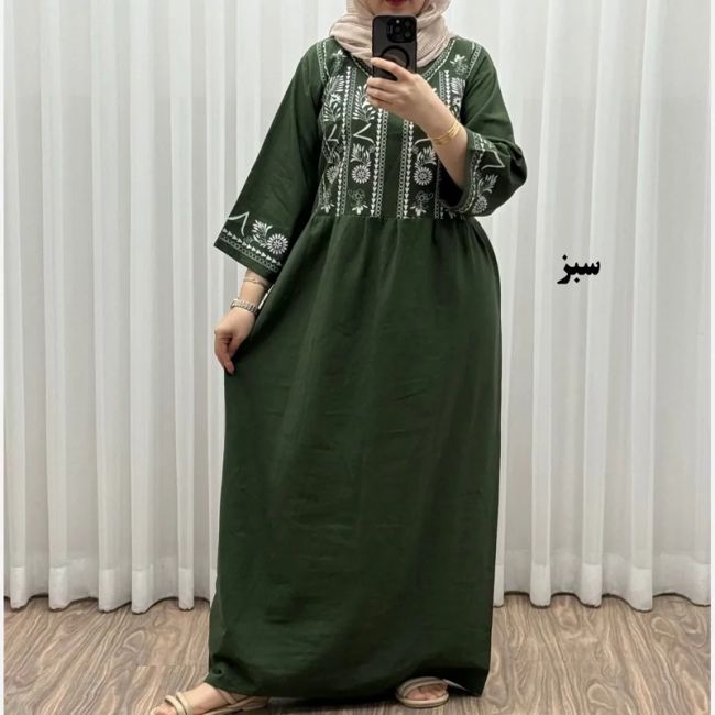 پیراهن زنانه لینن طرح مایا فری سایز مناسب تا 48 با کمربند