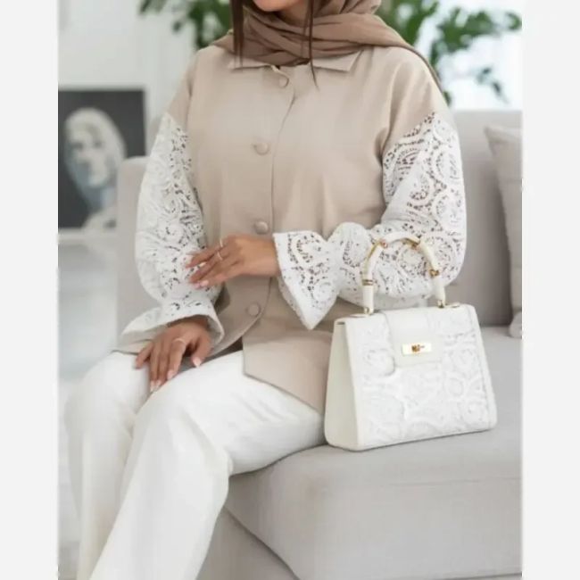 شومیز زنانه لینن آستین دانتل مدل درنا سایز 36 تا 48