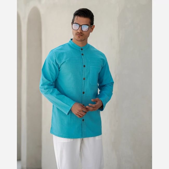 پیراهن مردانه الیاف طبیعی تمام دکمه مدل ماهور رنگ آبی آسمانی