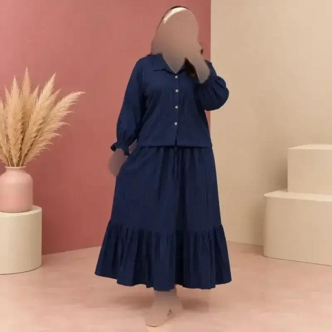 ست کراپ دامن راه راه لینن فری سایز زنانه