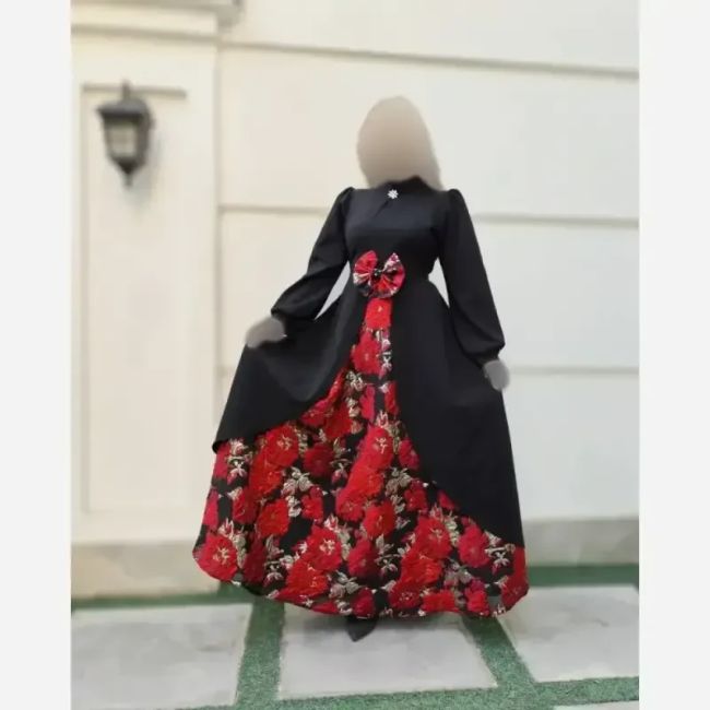 پیراهن مجلسی زنانه طرح هلینا کرپ مازراتی و ژاکارد ترک رنگ مشکی دامن قرمز سایز 5