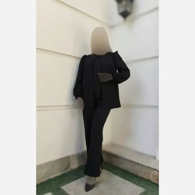 ست سه تکه کت و شلوار و تاپ زنانه طرح ستین پارچه مازراتی رنگ مشکی