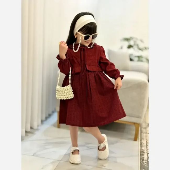 کت و سارافون دخترانه مخمل کبریتی و کتان تافته رنگ زرشکی مناسب 2 تا 9 سال