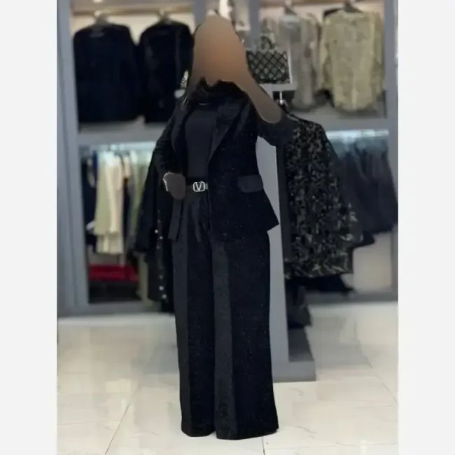 کت شلوار مخمل زنانه یقه انگلیسی نگین دار شلوار فول بگ