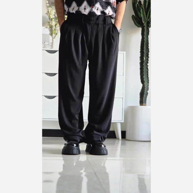 شلوار بگ پارچه ای زنانه مدل پیله دار جنس کاترین رنگ مشکی سایز L تا 3XL