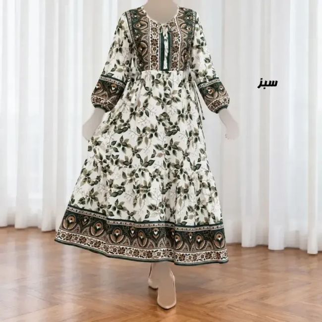 پیراهن ساحلی زنانه حاشیه دار برگ فری سایز نخی کمربنددار