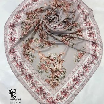 روسری زنانه نخ کاستوم طرح حنا طوسی سیلور ابعاد 140x140 دور چرخ دوز