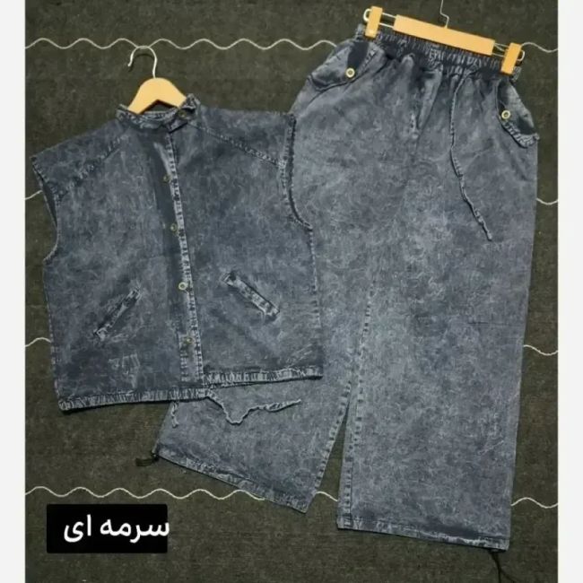 ست وست و شلوار جین زنانه مدل دلین سنگشور شده فول بگ گت دار