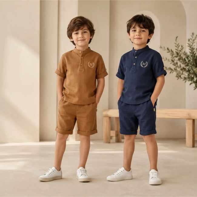 ست دو تکه بلوز و شلوارک لینن اسپرت دخترانه و پسرانه سایز 2 تا 8 سال