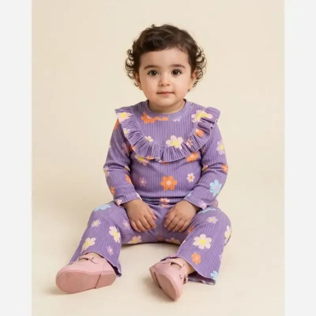 ست پاییزه دخترانه نوزادی بلوز و شلوار پنبه کبریتی سایز 6 ماه تا 1.5 سال رنگ بنفش و کرم